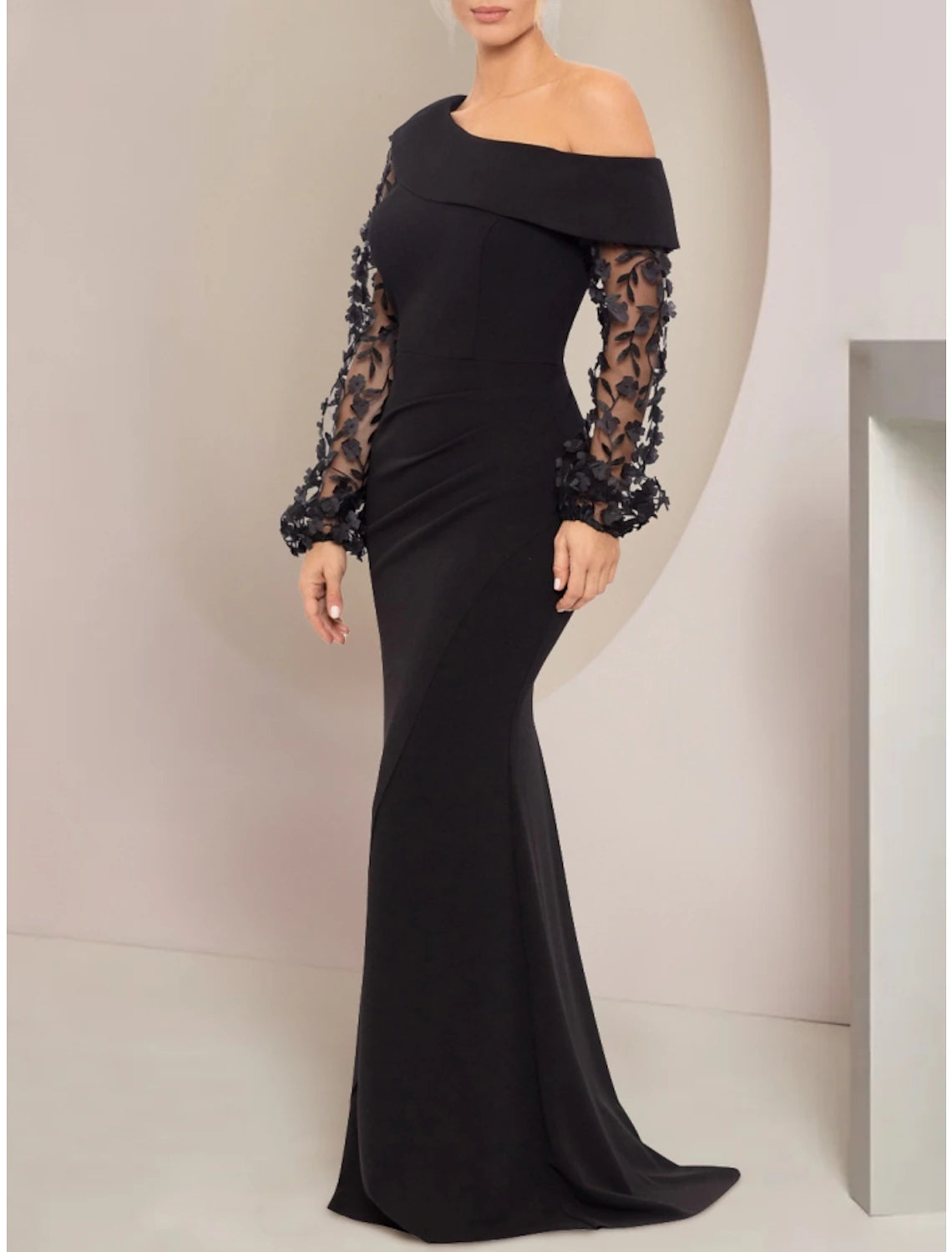 A-Line Mother of the Bride Dress Wedding Guest Elegant Off Shoulder Sweep / Brush Train Stretch Chiffon Long Sleeve with Ruched Appliques A-Line Mother of the Bride Dress Wedding Guest Elegant Off Shoulder Sweep / Brush Train Stretch Chiffon Long Sleeve with Ruched Appliques