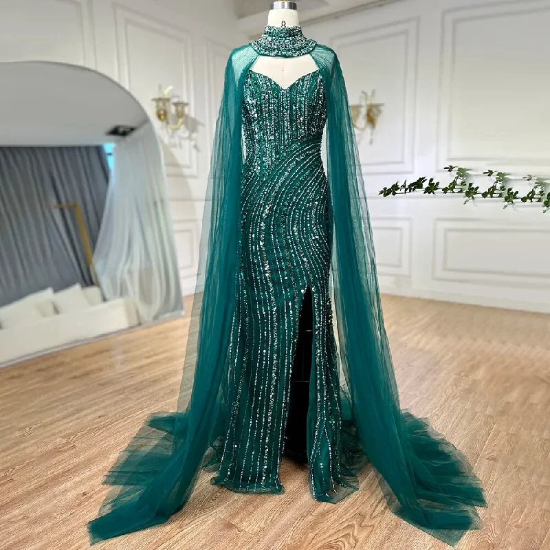 Serene Hill Green Mermaid Arabic Evening Dresses Gowns Split With Cape Sleeves Beaded 2024 For Women Wedding Party LA72073A Serene Hill Green Mermaid Arabic Evening Dresses Gowns Split With Cape Sleeves Beaded 2024 For Women Wedding Party LA72073A