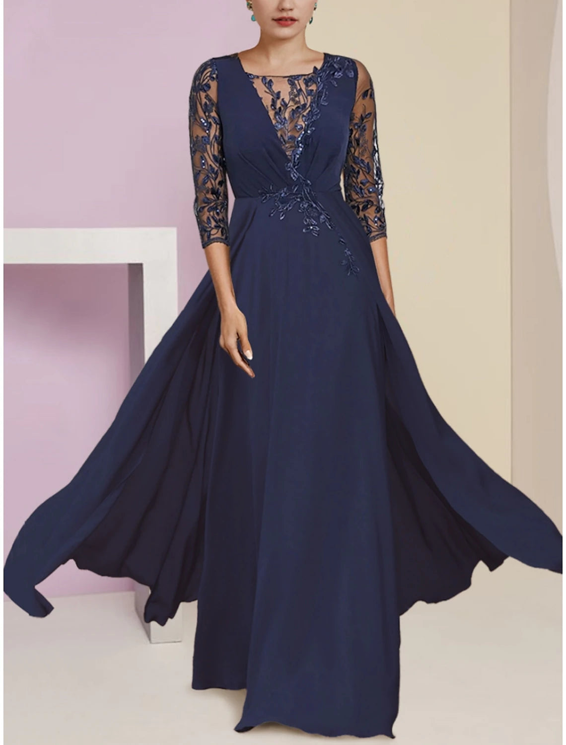 A-Line Mother of the Bride Dress Wedding Guest Elegant Scoop Neck Floor Length Stretch Chiffon Half Sleeve with Sequin Appliques Ruching A-Line Mother of the Bride Dress Wedding Guest Elegant Scoop Neck Floor Length Stretch Chiffon Half Sleeve with Sequin Appliques Ruching