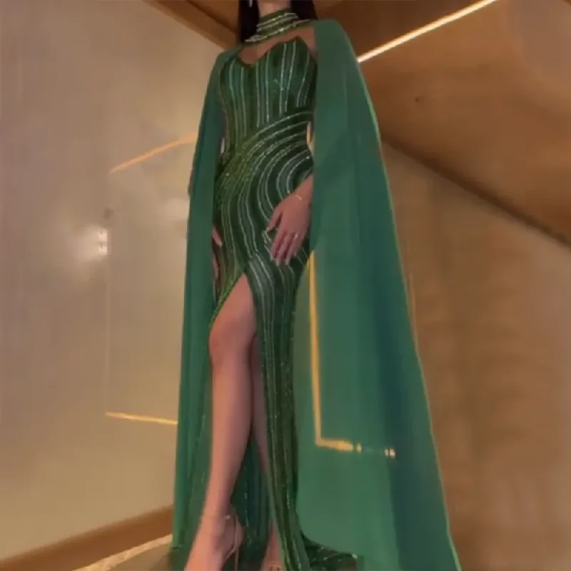 Serene Hill Green Elegant Mermaid Luxury Evening Dresses Gowns 2024 High Split With Cape Sleeves Beaded For Women Party LA72073 Serene Hill Green Elegant Mermaid Luxury Evening Dresses Gowns 2024 High Split With Cape Sleeves Beaded For Women Party LA72073