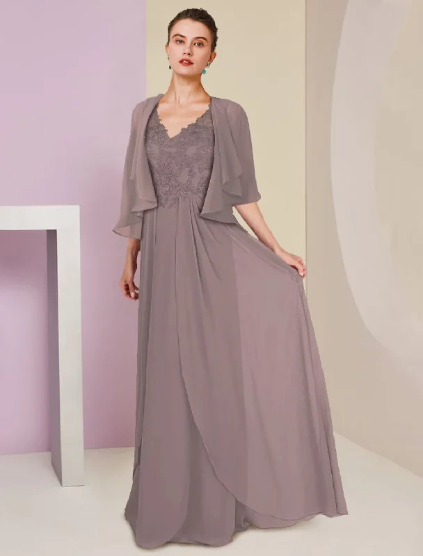 Two Piece A-Line Mother of the Bride Dress Formal Wedding Guest Elegant V Neck Sweep / Brush Train Chiffon Lace Short Sleeve Wrap Included with Appliques Two Piece A-Line Mother of the Bride Dress Formal Wedding Guest Elegant V Neck Sweep / Brush Train Chiffon Lace Short Sleeve Wrap Included with Appliques