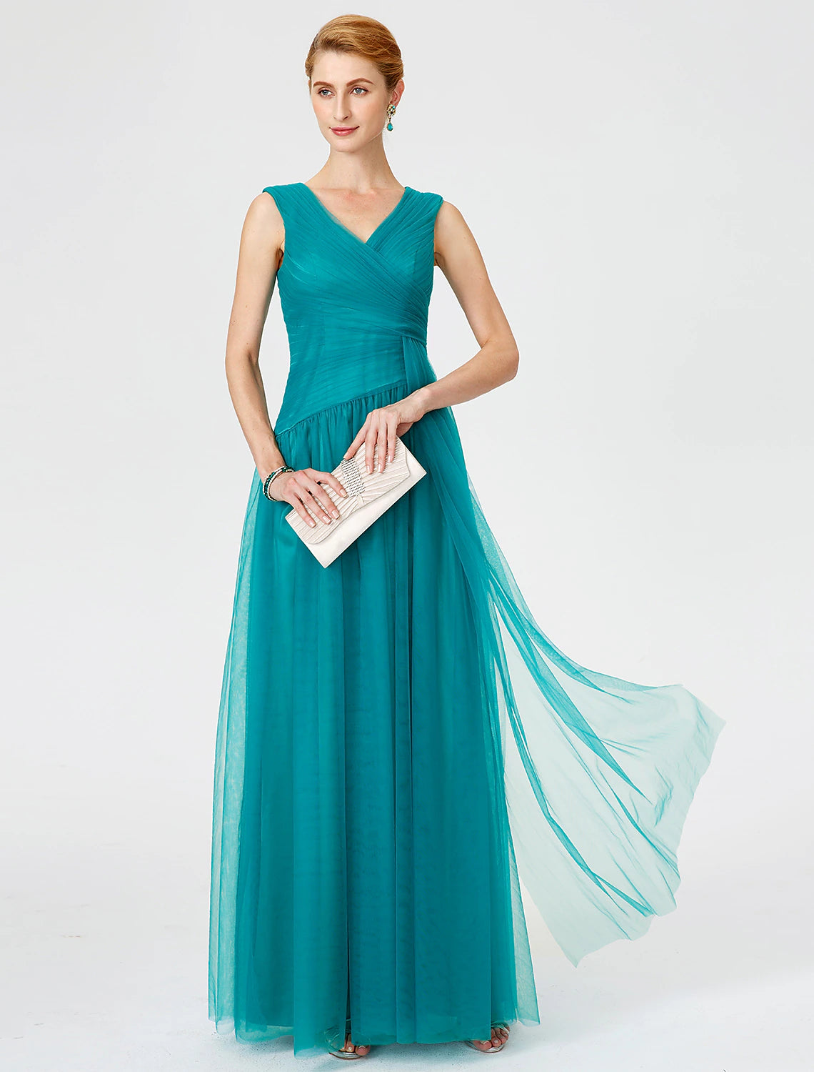 Princess Mother of the Bride Dress Elegant V Neck Floor Length Tulle Sleeveless No with Criss Cross Ruched Princess Mother of the Bride Dress Elegant V Neck Floor Length Tulle Sleeveless No with Criss Cross Ruched