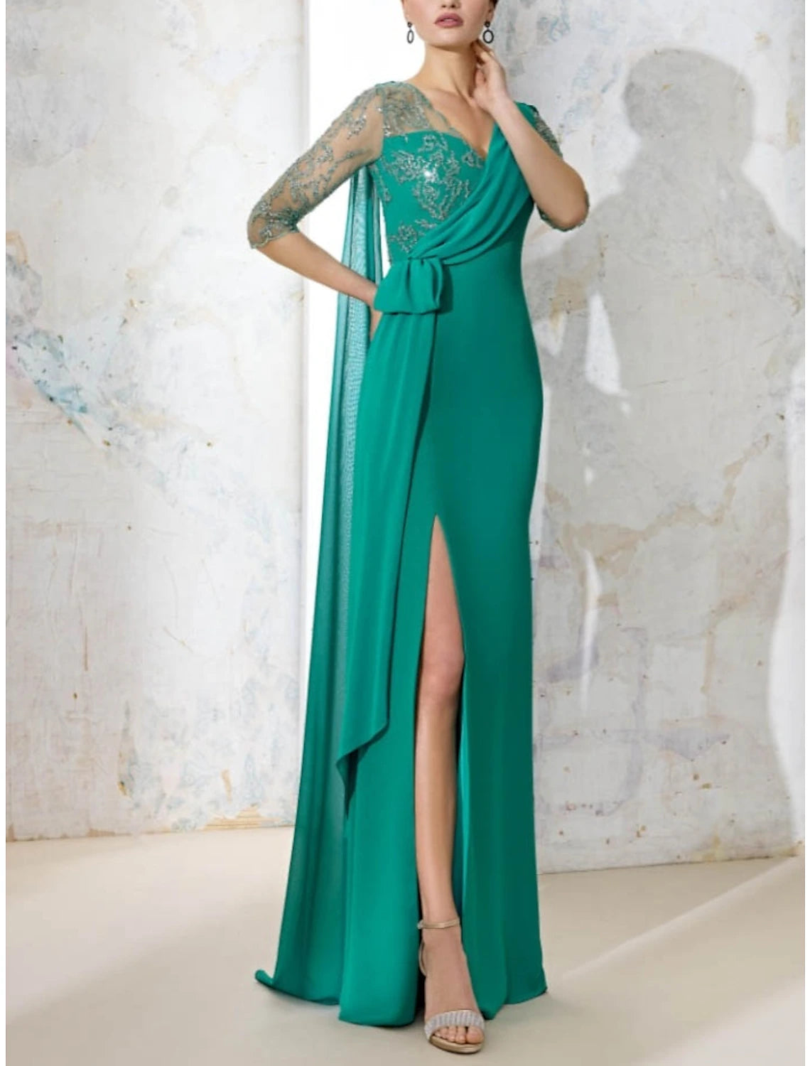 Sheath / Column Mother of the Bride Dress Wedding Guest Elegant V Neck Floor Length Stretch Chiffon Half Sleeve with Lace Sequin Split Front Sheath / Column Mother of the Bride Dress Wedding Guest Elegant V Neck Floor Length Stretch Chiffon Half Sleeve with Lace Sequin Split Front