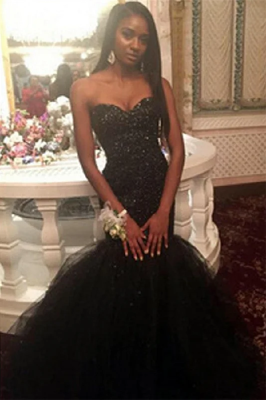 Tulle Sequins Sweetheart Puffy Evening Gown  Amazing Black Beaded Mermaid Prom Dress