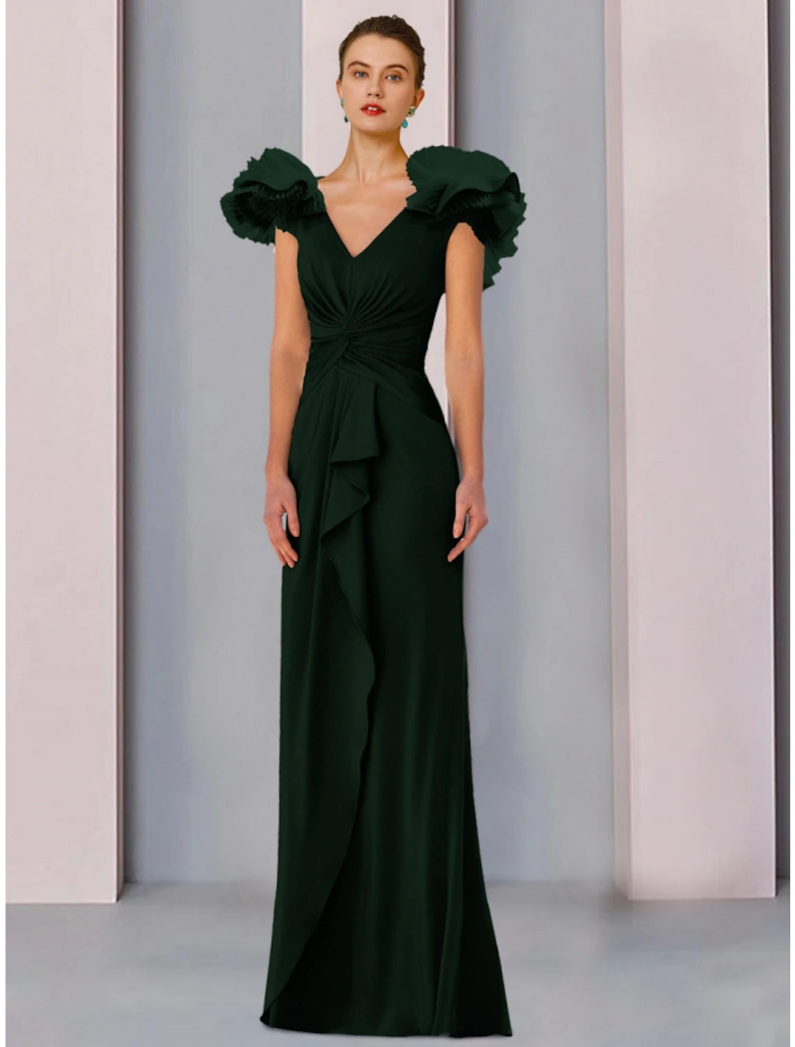 A-Line Mother of the Bride Dress Wedding Guest Elegant V Neck Floor Length Stretch Fabric Short Sleeve with Ruffles Ruching Solid Color A-Line Mother of the Bride Dress Wedding Guest Elegant V Neck Floor Length Stretch Fabric Short Sleeve with Ruffles Ruching Solid Color