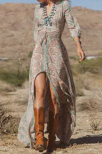 Wjczt  Bohemian Print Frenulum Buckle Slit V Neck Dresses