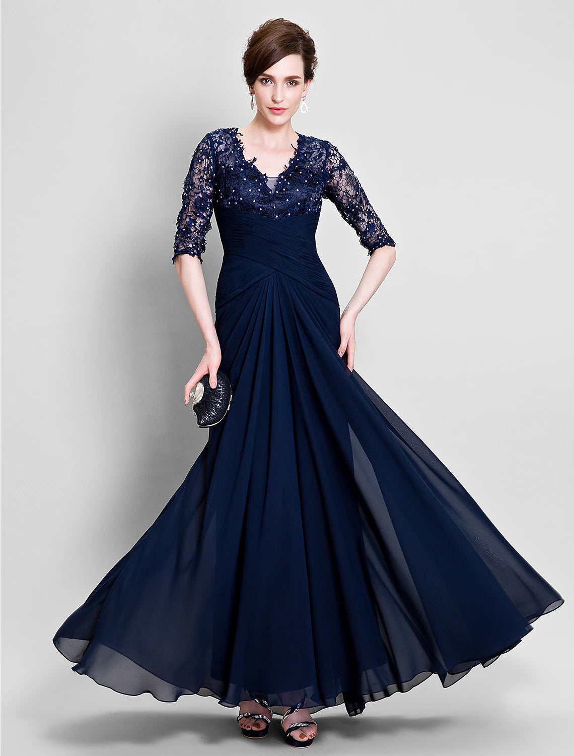 A-Line Mother of the Bride Dress See Through V Neck Floor Length Chiffon Lace Half Sleeve No with Lace Beading A-Line Mother of the Bride Dress See Through V Neck Floor Length Chiffon Lace Half Sleeve No with Lace Beading