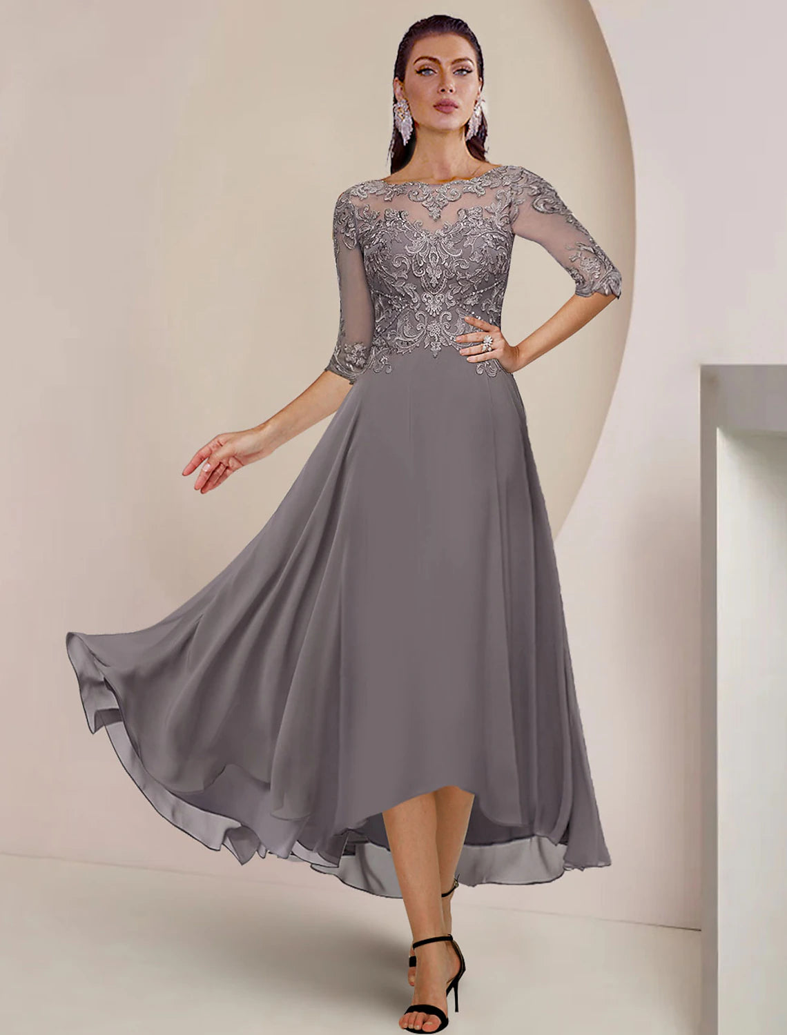 A-Line Mother of the Bride Dress Formal Wedding Guest Elegant High Low Scoop Neck Asymmetrical Tea Length Chiffon Lace Half Sleeve with Pleats Appliques A-Line Mother of the Bride Dress Formal Wedding Guest Elegant High Low Scoop Neck Asymmetrical Tea Length Chiffon Lace Half Sleeve with Pleats Appliques