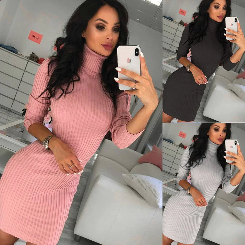 Wjczt 2022 Autumn Winter Fashion Turtleneck Women's Mini Package Hip Dress Casual Bodycon Solid Long Sleeve Ladies Knit Dress Wjczt 2022 Autumn Winter Fashion Turtleneck Women's Mini Package Hip Dress Casual Bodycon Solid Long Sleeve Ladies Knit Dress