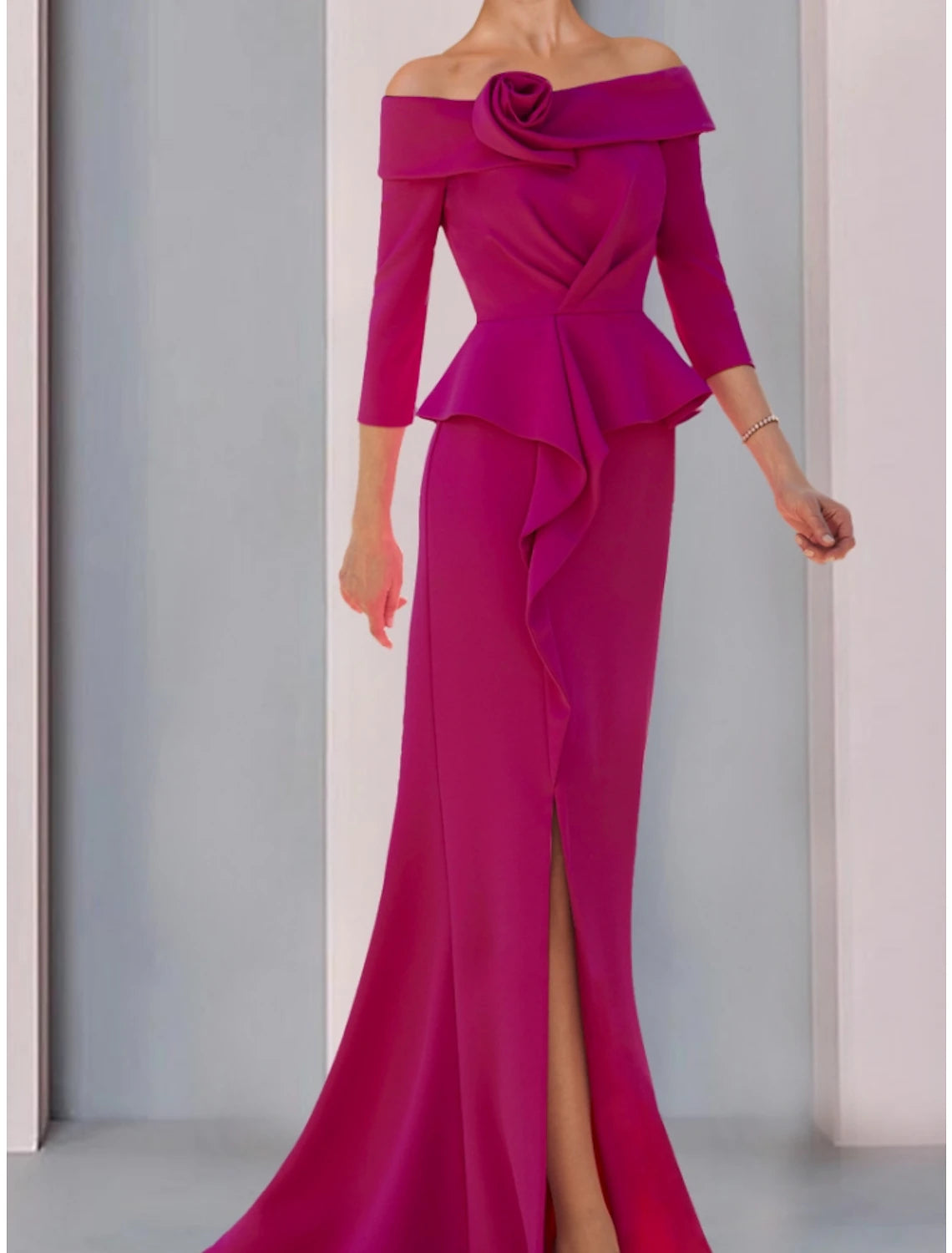 A-Line Mother of the Bride Dress Wedding Guest Elegant Off Shoulder Sweep / Brush Train Stretch Fabric 3/4 Length Sleeve with Ruffles Split Front Ruching A-Line Mother of the Bride Dress Wedding Guest Elegant Off Shoulder Sweep / Brush Train Stretch Fabric 3/4 Length Sleeve with Ruffles Split Front Ruching