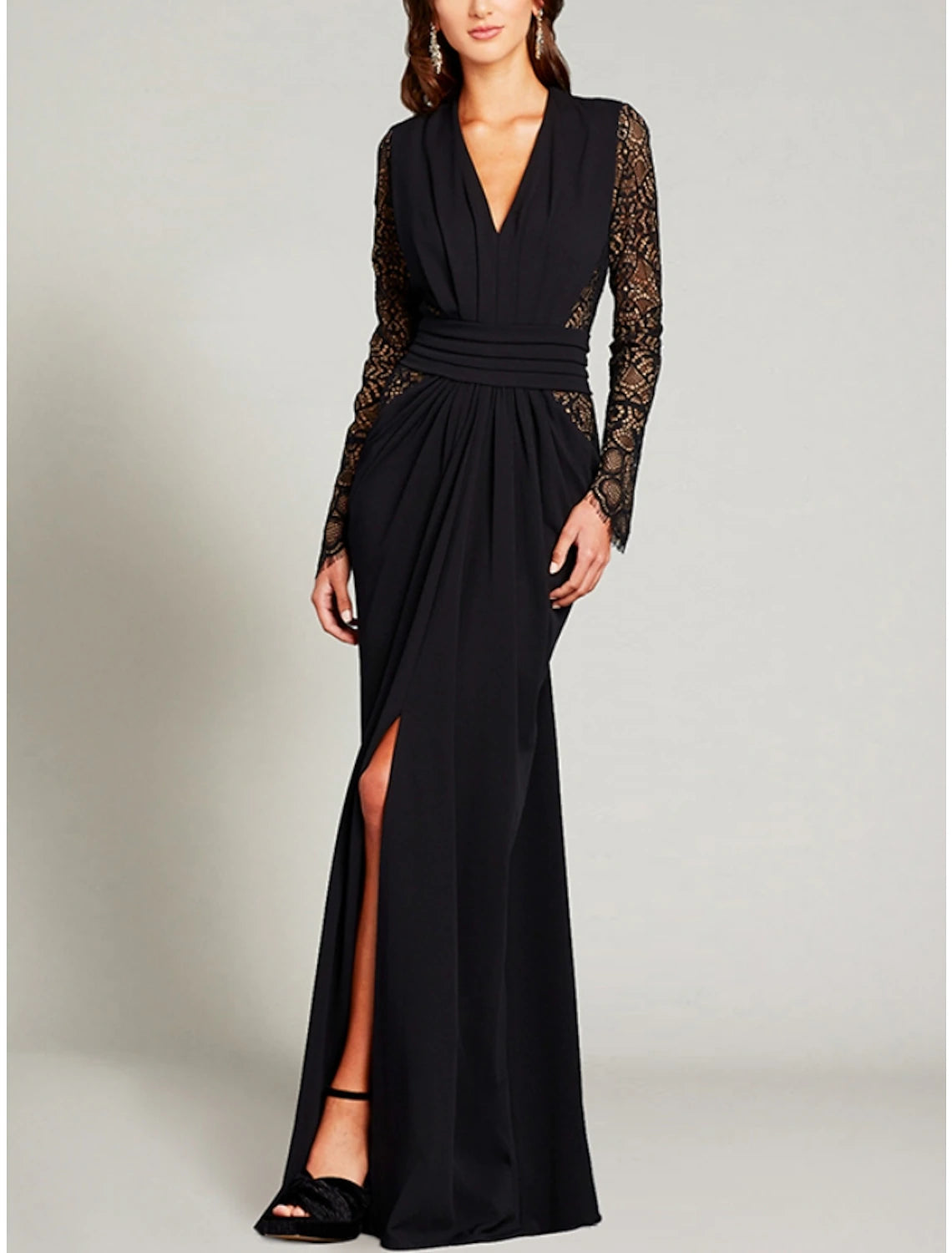 A-Line Mother of the Bride Dress Wedding Guest Elegant V Neck Floor Length Stretch Chiffon Long Sleeve with Lace Split Front Ruching A-Line Mother of the Bride Dress Wedding Guest Elegant V Neck Floor Length Stretch Chiffon Long Sleeve with Lace Split Front Ruching