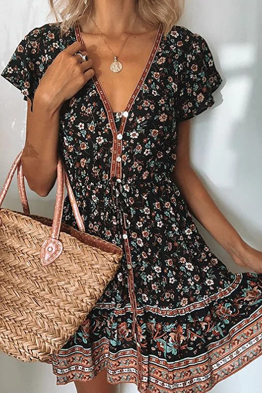 Wjczt  Fashion Street Print Patchwork V Neck A Line Dresses