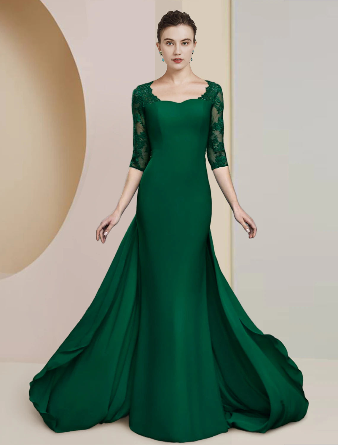 Sheath / Column Mother of the Bride Dress Formal Wedding Guest Elegant Scoop Neck Floor Length Chiffon Lace Half Sleeve with Appliques Sheath / Column Mother of the Bride Dress Formal Wedding Guest Elegant Scoop Neck Floor Length Chiffon Lace Half Sleeve with Appliques
