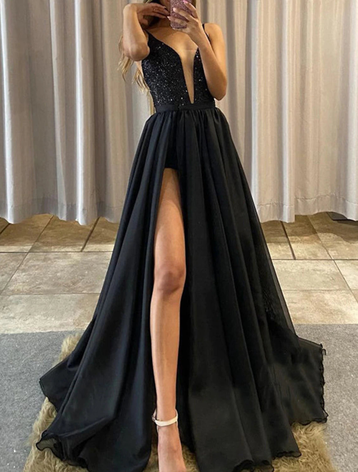 A-Line Prom Dresses Sparkle & Shine Dress Formal Wedding Guest Court Train Sleeveless Spaghetti Strap Wednesday Addams Family Chiffon with Sequin Slit A-Line Prom Dresses Sparkle & Shine Dress Formal Wedding Guest Court Train Sleeveless Spaghetti Strap Wednesday Addams Family Chiffon with Sequin Slit