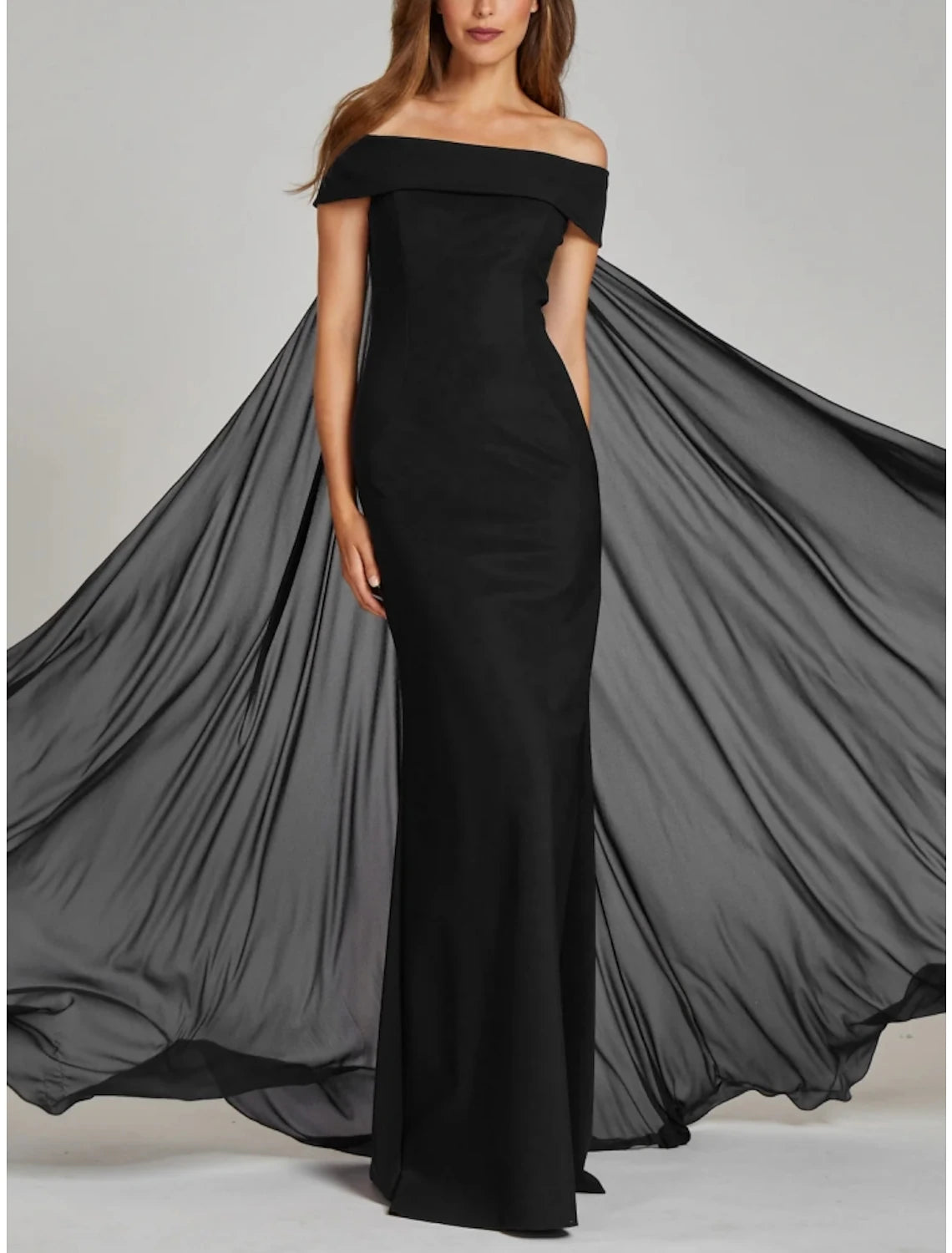 Sheath / Column Mother of the Bride Dress Wedding Guest Elegant Off Shoulder Sweep / Brush Train Chiffon Short Sleeve with Pleats Solid Color Sheath / Column Mother of the Bride Dress Wedding Guest Elegant Off Shoulder Sweep / Brush Train Chiffon Short Sleeve with Pleats Solid Color