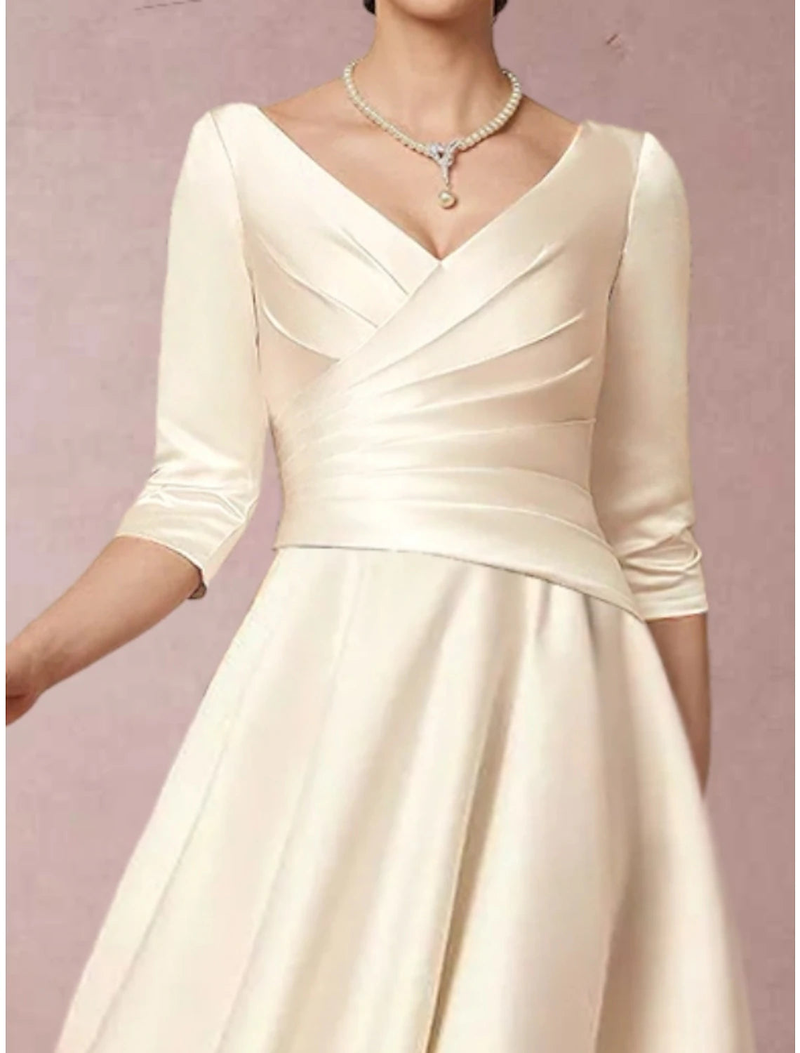 A-Line Mother of the Bride Dress Simple Elegant V Neck Tea Length Satin Half Sleeve with Pleats Ruched A-Line Mother of the Bride Dress Simple Elegant V Neck Tea Length Satin Half Sleeve with Pleats Ruched