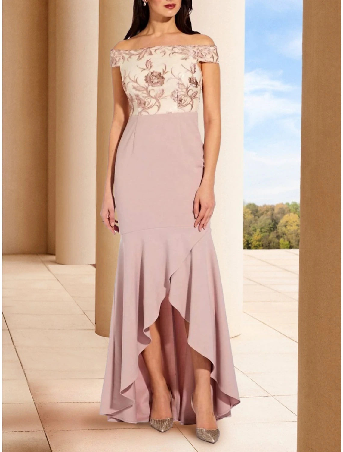 A-Line Mother of the Bride Dress Wedding Guest Elegant Off Shoulder Asymmetrical Stretch Chiffon Short Sleeve with Embroidery Ruching A-Line Mother of the Bride Dress Wedding Guest Elegant Off Shoulder Asymmetrical Stretch Chiffon Short Sleeve with Embroidery Ruching