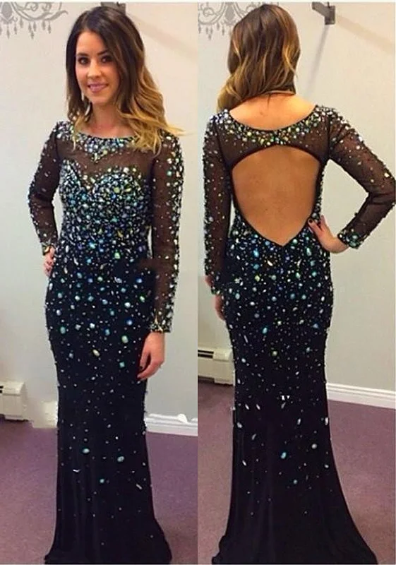 Long Sleeve Black Prom Dress  Open Back Crystals Sequins Sheath Evening Dresses