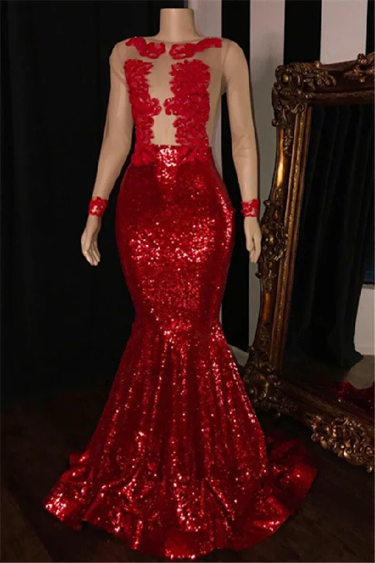 Sexy Red Sequins Prom Dresses |  Long Sleeves Evening Dresses