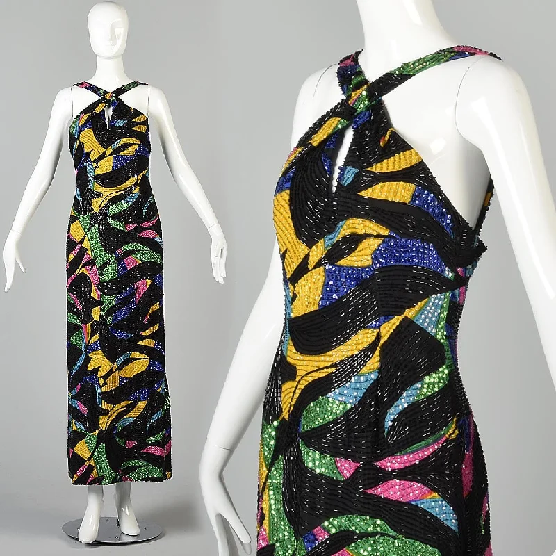 1990s Michael Novarese Abstract Beaded Formal Dress