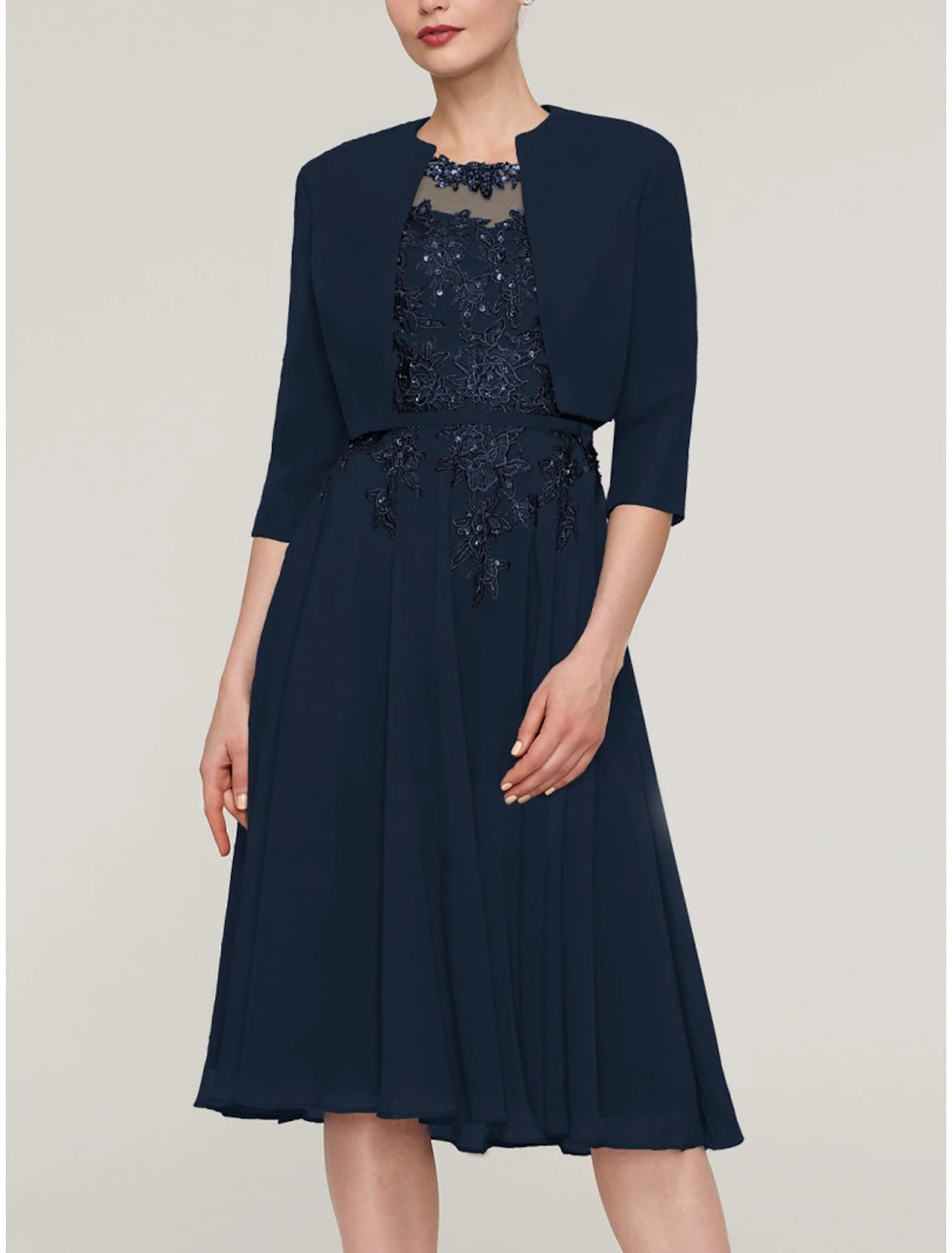 A-Line Mother of the Bride Dress Wedding Guest Elegant Petite Jewel Neck Knee Length Chiffon Satin Half Sleeve with Lace Pleats Sequin A-Line Mother of the Bride Dress Wedding Guest Elegant Petite Jewel Neck Knee Length Chiffon Satin Half Sleeve with Lace Pleats Sequin