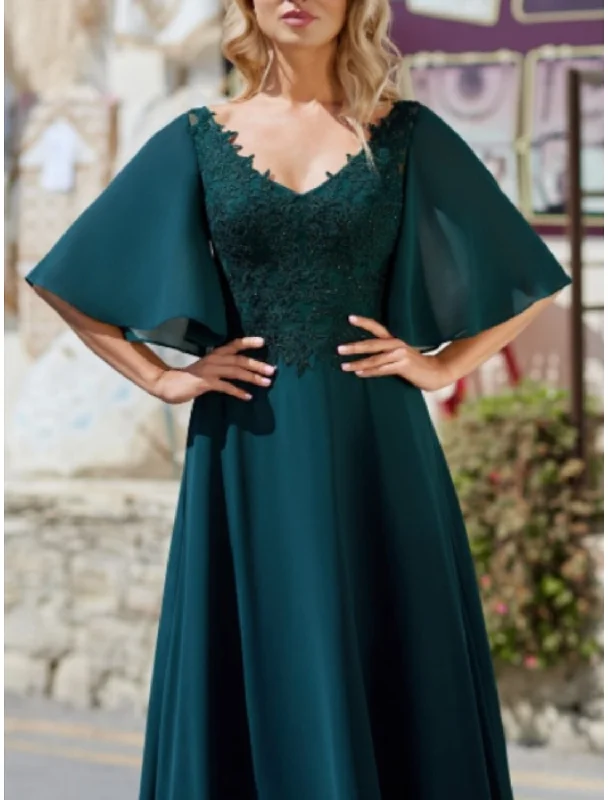 A-Line Mother of the Bride Dress Wedding Guest Party Vintage Elegant V Neck Floor Length Chiffon Lace Short Sleeve with Pleats Solid Color A-Line Mother of the Bride Dress Wedding Guest Party Vintage Elegant V Neck Floor Length Chiffon Lace Short Sleeve with Pleats Solid Color