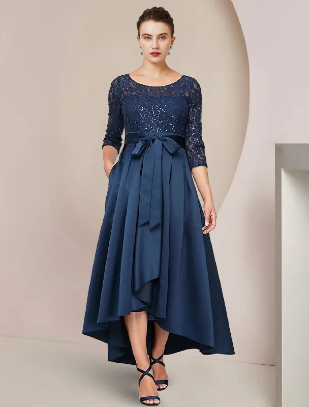 A-Line Mother of the Bride Dress Wedding Guest Elegant High Low Scoop Neck Asymmetrical Tea Length Lace Taffeta 3/4 Length Sleeve with Bow(s) Pleats A-Line Mother of the Bride Dress Wedding Guest Elegant High Low Scoop Neck Asymmetrical Tea Length Lace Taffeta 3/4 Length Sleeve with Bow(s) Pleats