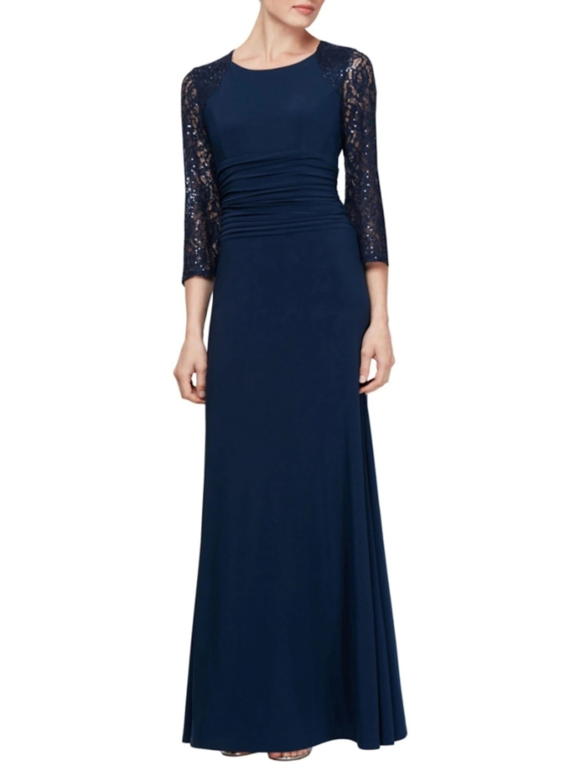 Sheath / Column Mother of the Bride Dress Wedding Guest Elegant Scoop Neck Floor Length Chiffon Lace 3/4 Length Sleeve with Sequin Ruching Solid Color Sheath / Column Mother of the Bride Dress Wedding Guest Elegant Scoop Neck Floor Length Chiffon Lace 3/4 Length Sleeve with Sequin Ruching Solid Color