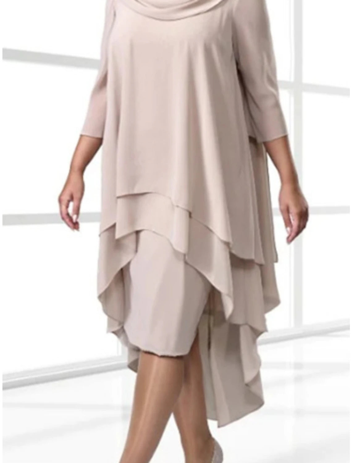 Sheath / Column Mother of the Bride Dress Wedding Guest Simple Scoop Neck Asymmetrical Stretch Chiffon 3/4 Length Sleeve with Ruching Solid Color Sheath / Column Mother of the Bride Dress Wedding Guest Simple Scoop Neck Asymmetrical Stretch Chiffon 3/4 Length Sleeve with Ruching Solid Color