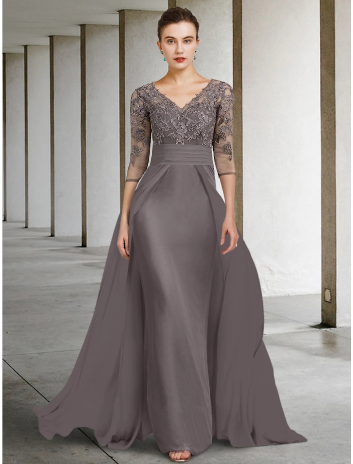 A-Line Mother of the Bride Dress Wedding Guest Elegant V Neck Floor Length Chiffon Lace Half Sleeve with Ruching Solid Color A-Line Mother of the Bride Dress Wedding Guest Elegant V Neck Floor Length Chiffon Lace Half Sleeve with Ruching Solid Color