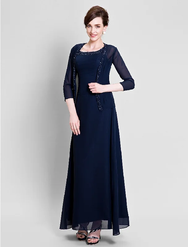 Sheath / Column Mother of the Bride Dress Scoop Neck Floor Length Chiffon No with Beading Sheath / Column Mother of the Bride Dress Scoop Neck Floor Length Chiffon No with Beading