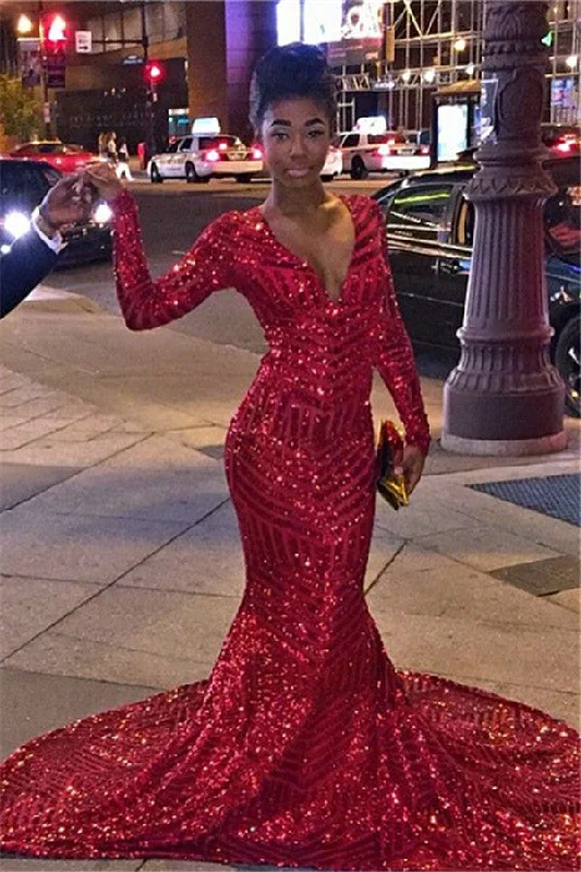 Sexy Deep V-neck Long Sleeve Sequins Evening Dresses Mermaid  Prom Dress