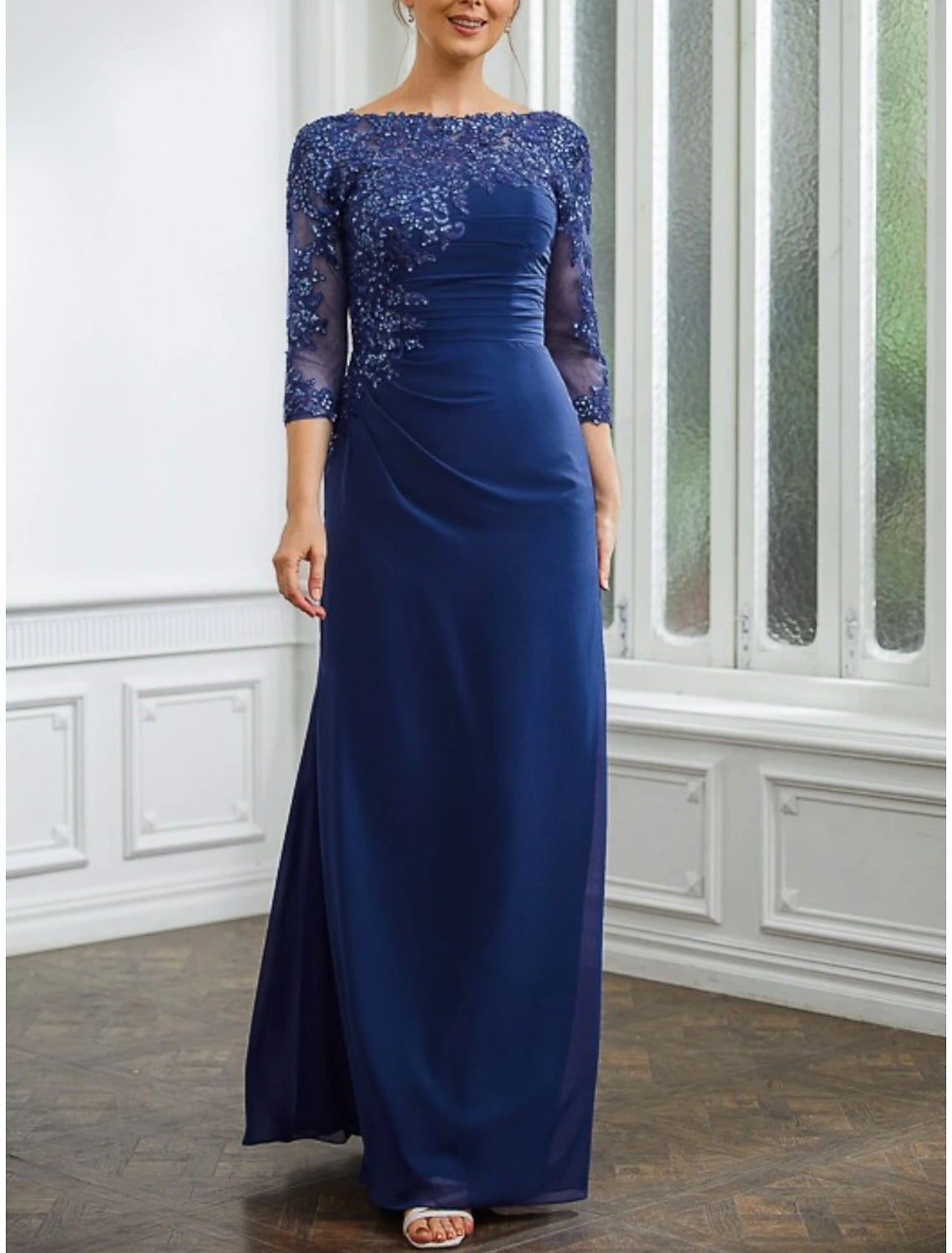 A-Line Mother of the Bride Dress Wedding Guest Elegant Scoop Neck Ankle Length Chiffon Half Sleeve with Lace Ruching A-Line Mother of the Bride Dress Wedding Guest Elegant Scoop Neck Ankle Length Chiffon Half Sleeve with Lace Ruching
