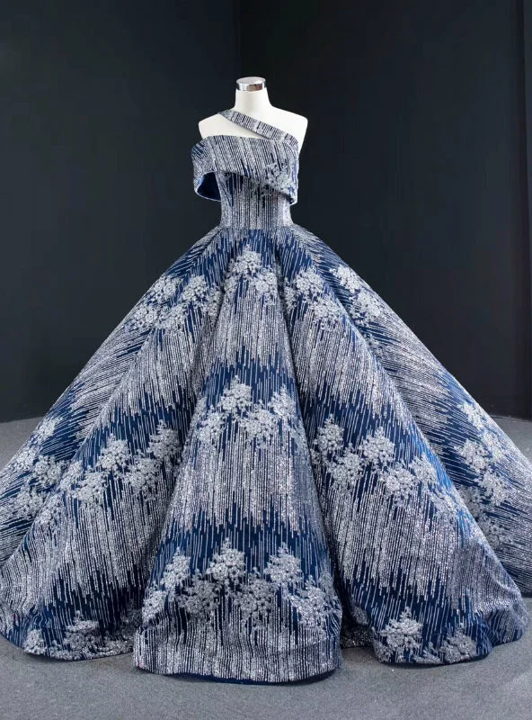 Blue Ball Gown Sequins One Shoulder Long Luxury Prom Dress