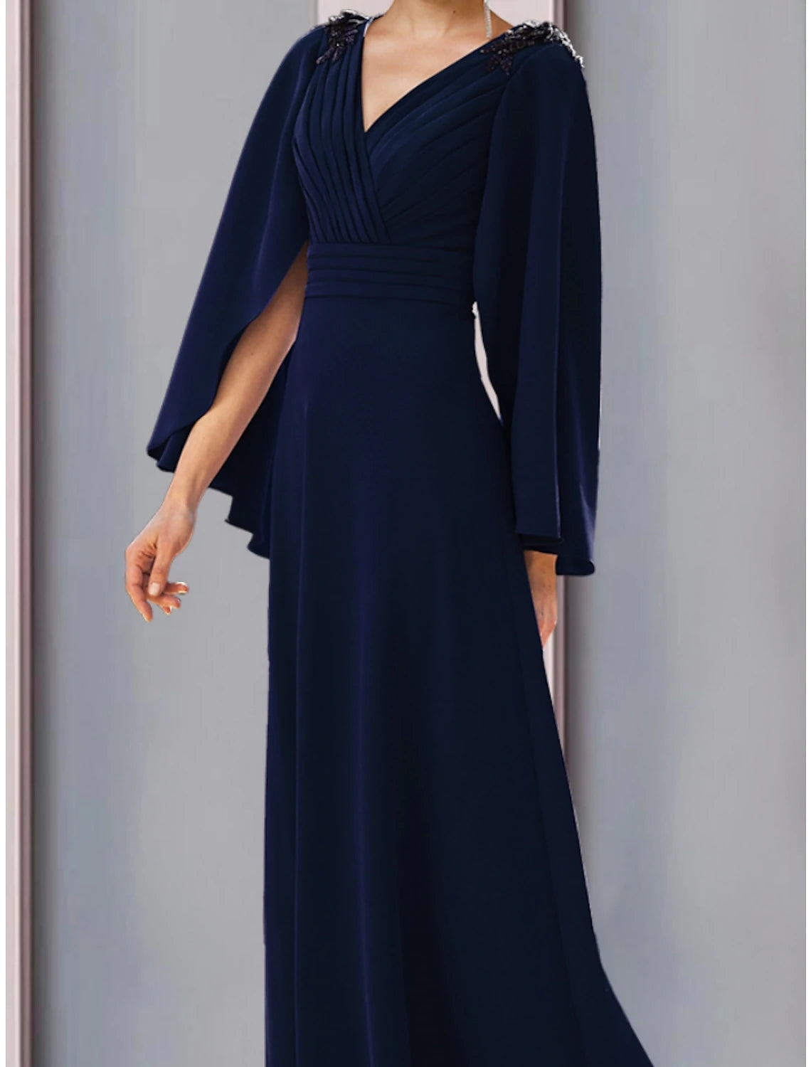A-Line Mother of the Bride Dress Wedding Guest Elegant V Neck Sweep / Brush Train Stretch Chiffon Long Sleeve with Sequin Ruching Solid Color A-Line Mother of the Bride Dress Wedding Guest Elegant V Neck Sweep / Brush Train Stretch Chiffon Long Sleeve with Sequin Ruching Solid Color