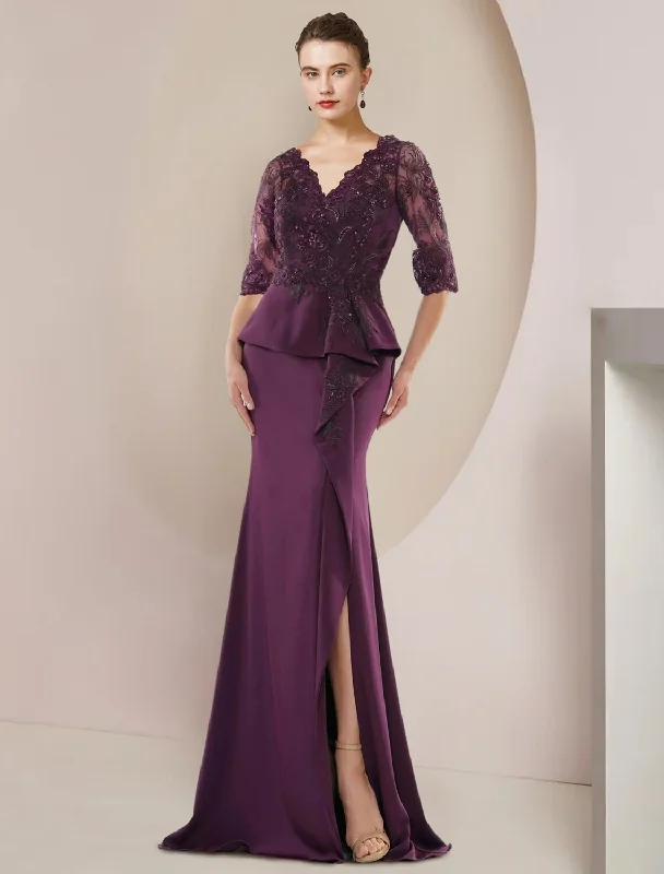 Mermaid / Trumpet Mother of the Bride Dress Formal Wedding Guest Luxurious Elegant V Neck Floor Length Lace Stretch Chiffon Half Sleeve with Beading Ruffles Appliques Mermaid / Trumpet Mother of the Bride Dress Formal Wedding Guest Luxurious Elegant V Neck Floor Length Lace Stretch Chiffon Half Sleeve with Beading Ruffles Appliques