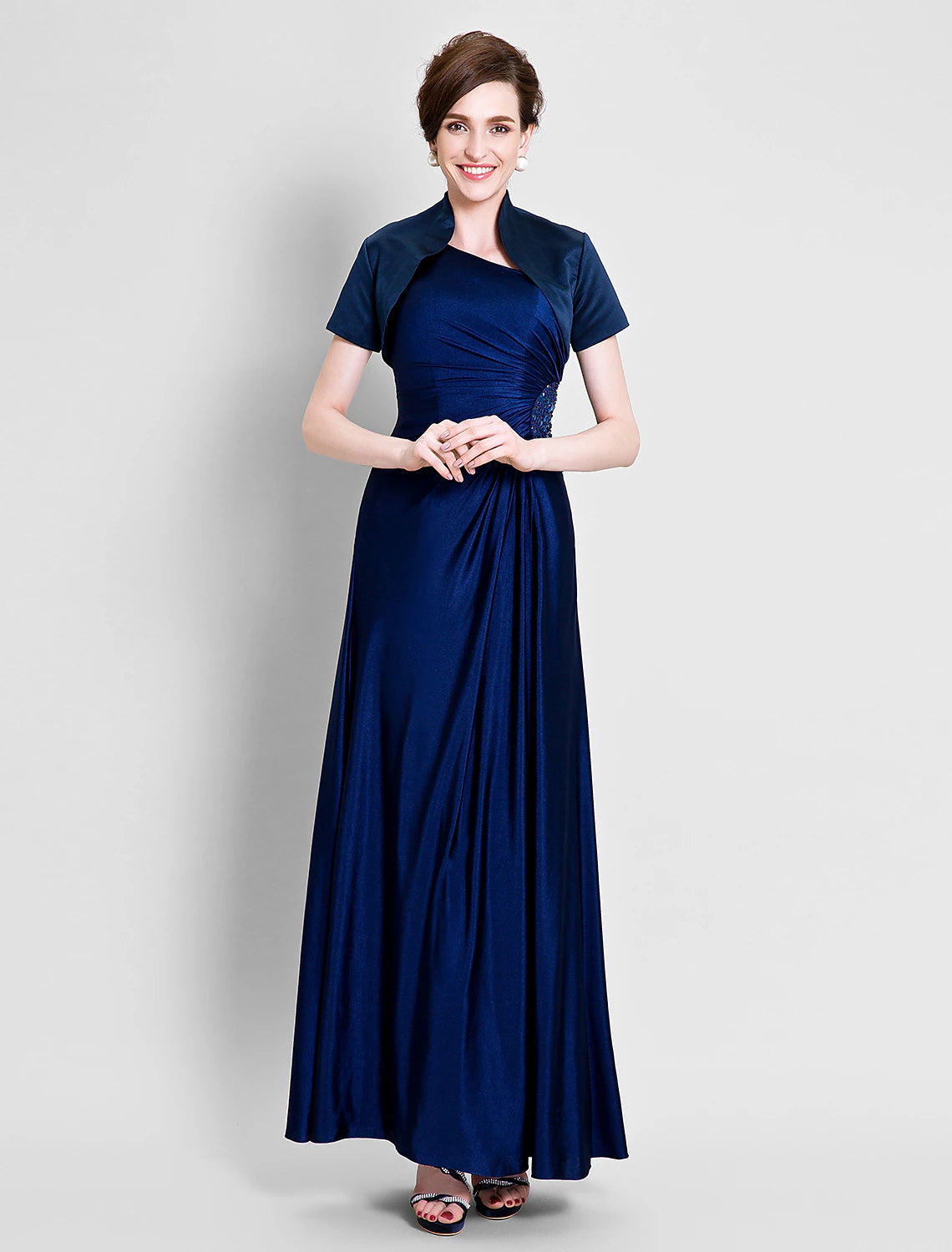 Sheath / Column Mother of the Bride Dress Convertible Dress One Shoulder Ankle Length Satin Jersey Short Sleeve No with Beading Sheath / Column Mother of the Bride Dress Convertible Dress One Shoulder Ankle Length Satin Jersey Short Sleeve No with Beading