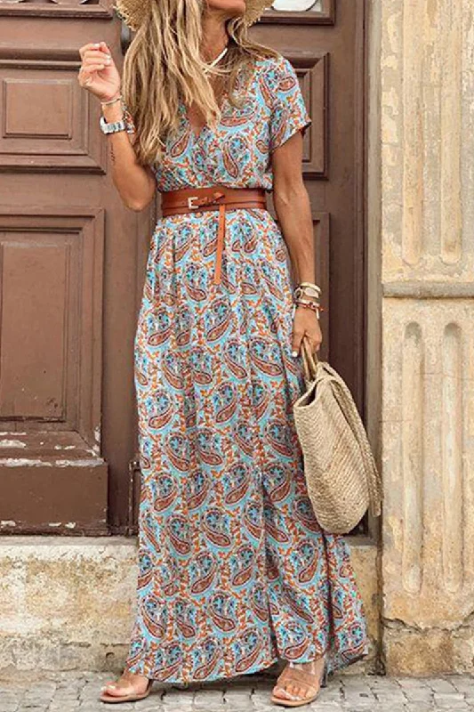 Wjczt  Elegant Print V Neck Princess Dresses(3 Colors)