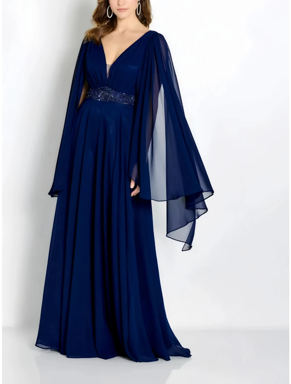 A-Line Mother of the Bride Dress Wedding Guest Party Elegant V Neck Floor Length Chiffon Long Sleeve with Pleats Crystals A-Line Mother of the Bride Dress Wedding Guest Party Elegant V Neck Floor Length Chiffon Long Sleeve with Pleats Crystals