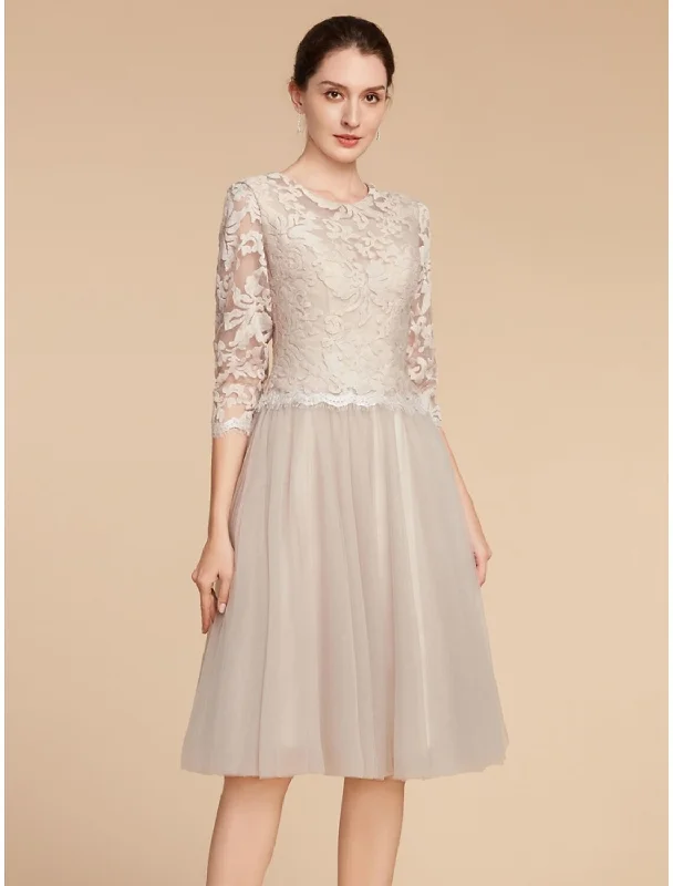 A-Line Mother of the Bride Dress Wedding Guest Elegant Petite Jewel Neck Knee Length Lace Tulle Half Sleeve with Pleats Solid Color A-Line Mother of the Bride Dress Wedding Guest Elegant Petite Jewel Neck Knee Length Lace Tulle Half Sleeve with Pleats Solid Color
