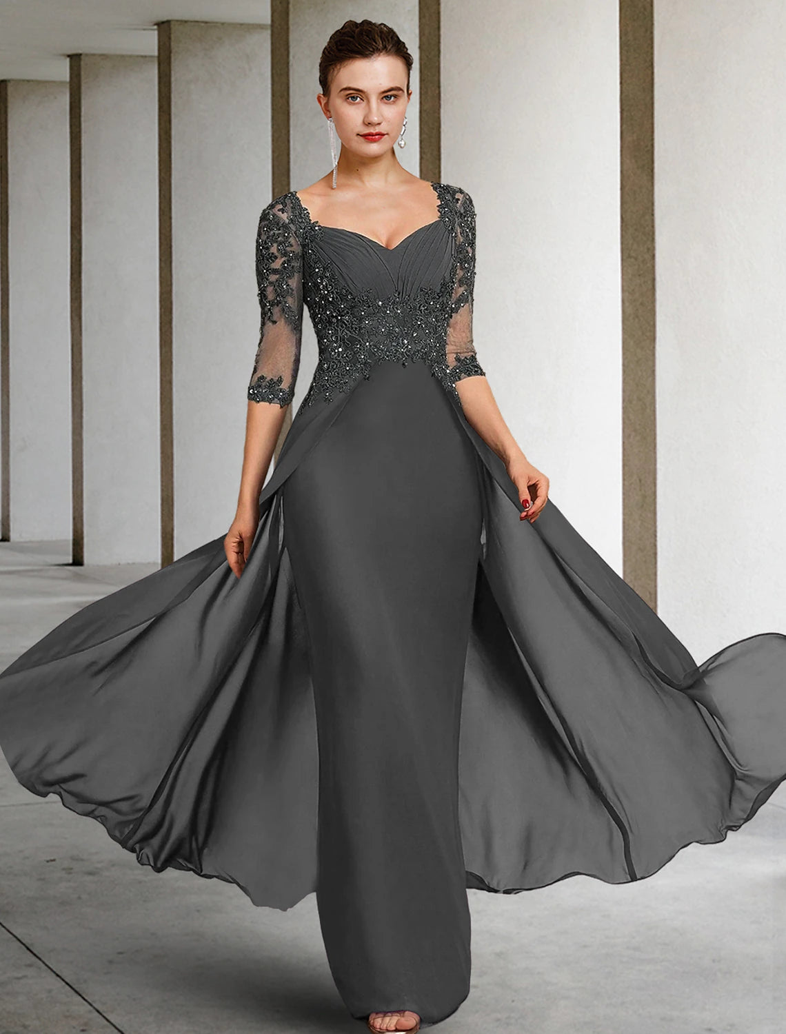 Sheath / Column Mother of the Bride Dress Formal Wedding Guest Party Elegant Square Neck Floor Length Chiffon Lace 3/4 Length Sleeve with Sequin Appliques Ruching Sheath / Column Mother of the Bride Dress Formal Wedding Guest Party Elegant Square Neck Floor Length Chiffon Lace 3/4 Length Sleeve with Sequin Appliques Ruching