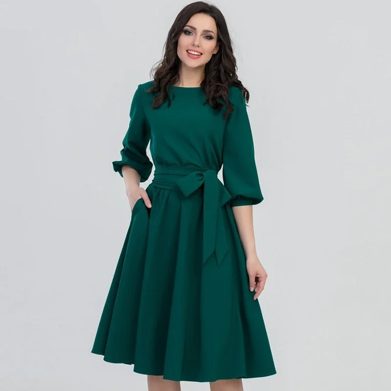Wjczt 2021 Autumn Vintage Soild Lantern Sleeve A-Line Dress Women Elegant O-Neck Half Sleeve Pocket Sashes Knee-Length Casual Dress