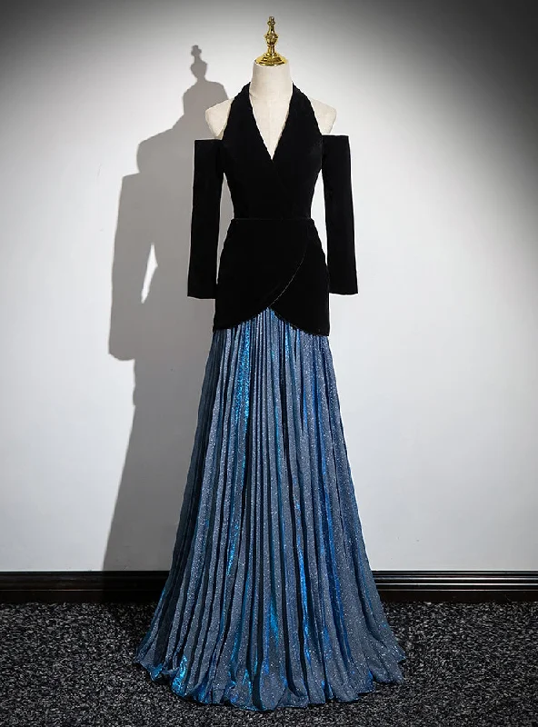 Black V-neck Long Sleeve Pleats Prom Dress