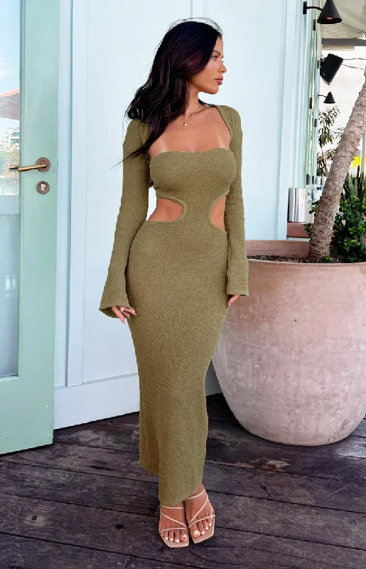 Alba Khaki Long Sleeve Knit Midi Dress Elegant Floral Skirt Midi Dress