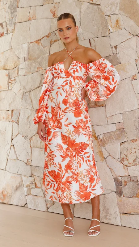 Aline Midi Dress - Orange Floral Trendy Square Neck Midi Dress