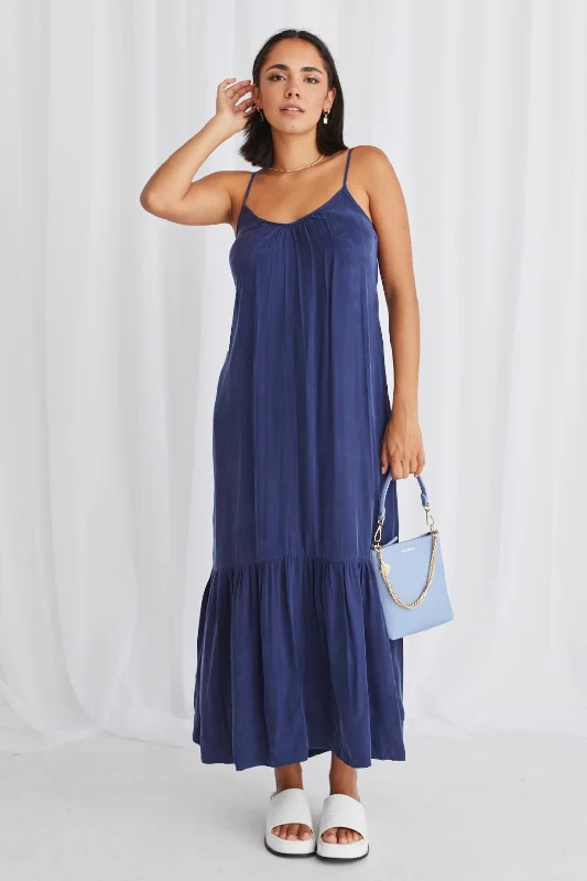 All Day Blue Cupro Strappy Tiered Empire Midi Dress Elegant Pleated Detail Midi Dress