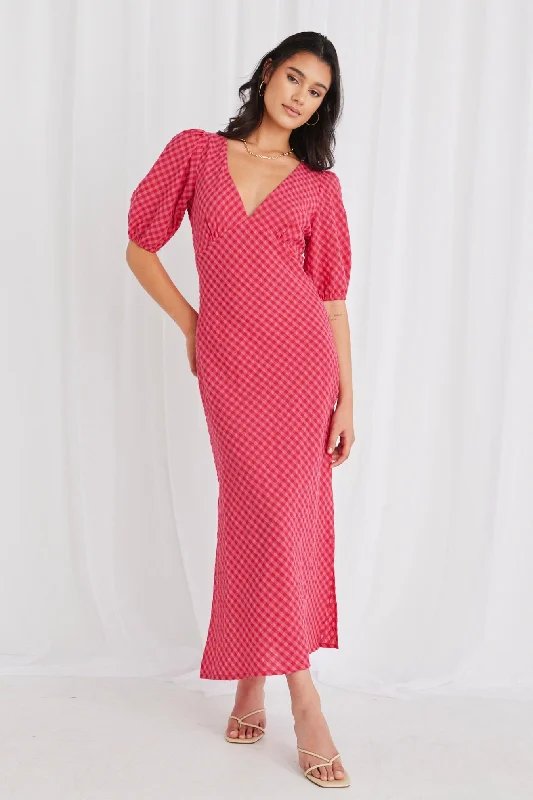 Amora Raspberry Gingham SS Bias Midi Dress Chic Lace Detail Midi Dress