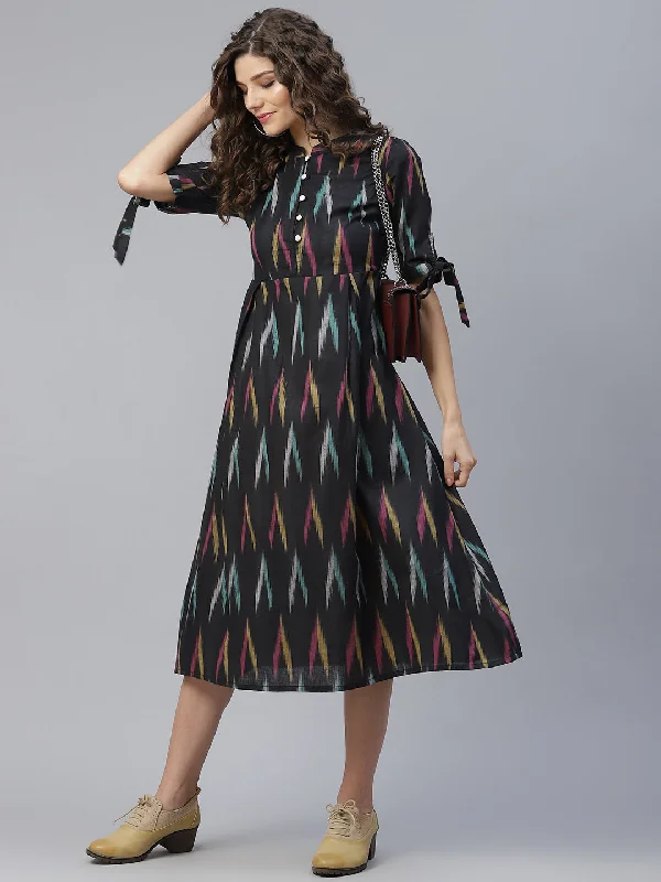 Women's Black Ikat A-Line Midi Dress - Aks Comfortable Empire Waist Midi Dress