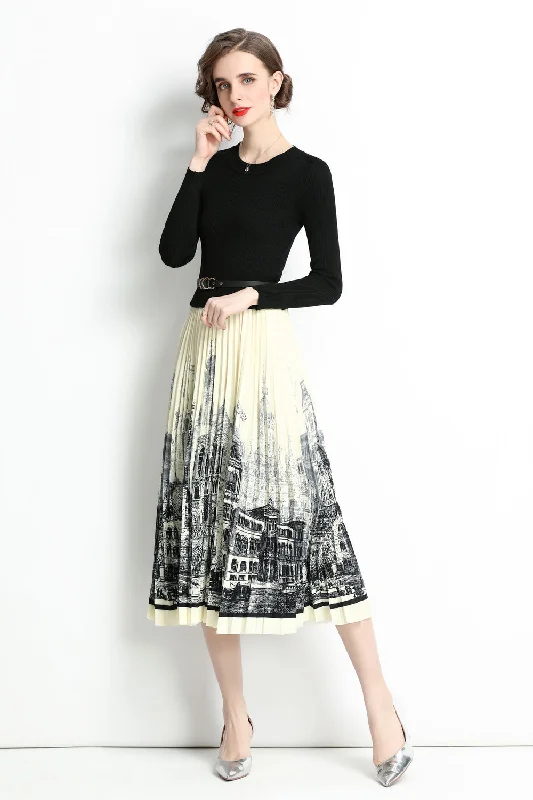 Black & White Office A-line Crewneck Long Sleeve Printed Skirt Midi Dress Comfortable Short Sleeve Midi Dress