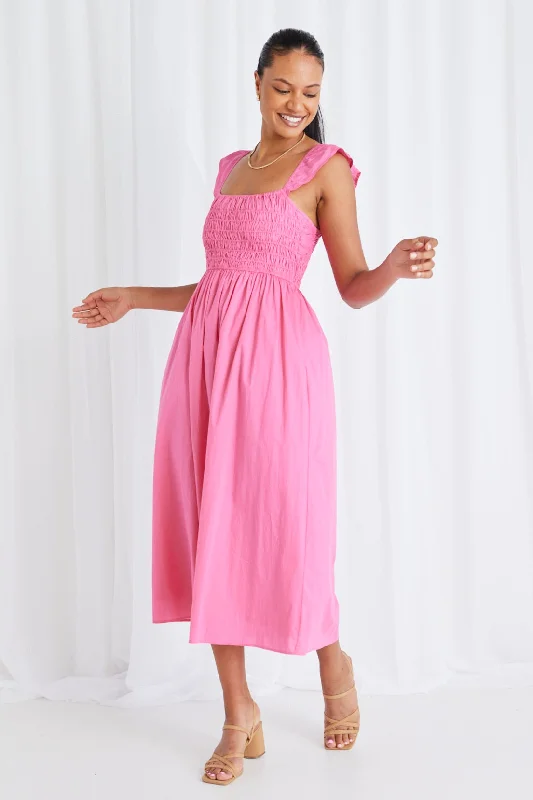 Bonbon Pink Flutter Sleeve Midi Dress Elegant Puff Sleeve Midi Dress